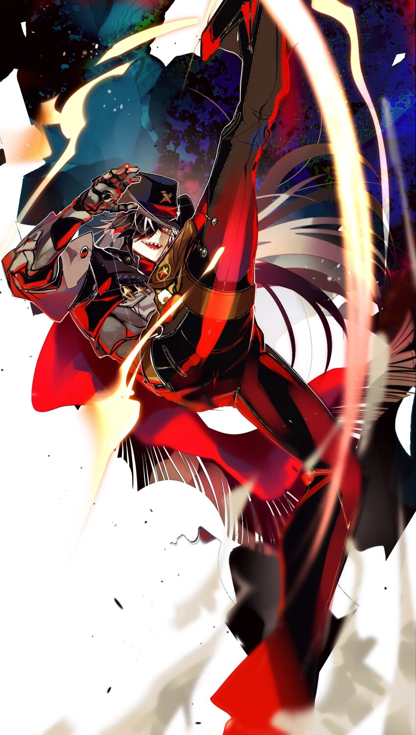 1boy absurdres black_hair black_jacket boothill_(honkai:_star_rail) commentary_request cowboy cowboy_hat cropped_jacket cyborg feet_out_of_frame glowing glowing_eyes grey_hair hair_over_one_eye hat high_kick highres honkai:_star_rail honkai_(series) jacket kicking long_hair looking_at_viewer male_focus multicolored_hair red_eyes sharp_teeth solo streaked_hair teeth u_5ham0 western