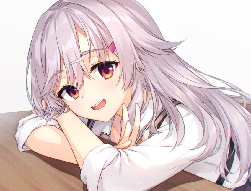 1girl :d cofetaru commentary_request crossed_arms desk double-parted_bangs eyelashes eyes_visible_through_hair grey_hair hair_between_eyes hair_ornament hair_over_shoulder hairclip head_tilt kinoshita_kaede leaning_forward light_blush long_hair long_sleeves nail_polish open_mouth purple_nails red_eyes school_uniform simple_background sleeves_rolled_up smile solo spiked_hair suspenders teeth tenshi_souzou_re-boot! thick_eyebrows upper_teeth_only waving wavy_hair white_background