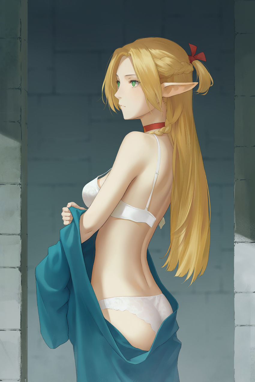 1girl back blonde_hair bra braid breasts dungeon_meshi elf green_eyes highres long_hair looking_to_the_side marcille_donato miura-n315 open_bra panties parted_bangs pointy_ears ponytail short_ponytail sideboob solo thighs underwear undressing white_bra white_panties