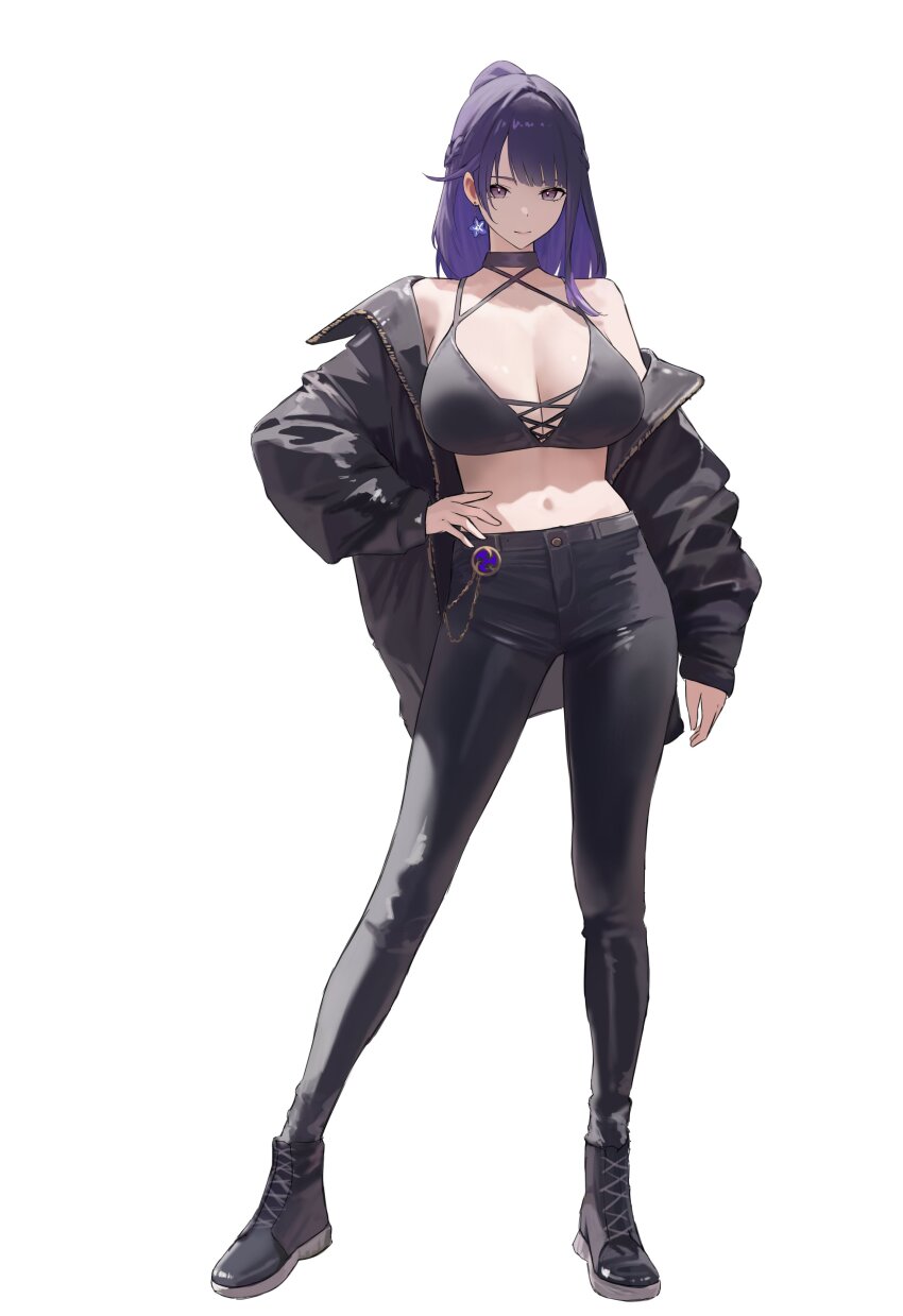 1girl absurdres black_shoes breasts choker cleavage contemporary criss-cross_halter denim earrings full_body genshin_impact halterneck hand_on_own_hip highres jacket jeans jewelry large_breasts long_hair looking_at_viewer off-shoulder_jacket off_shoulder pants purple_eyes purple_hair raiden_shogun shoes single_earring star_(symbol) star_earrings yumeto_(ym-1)