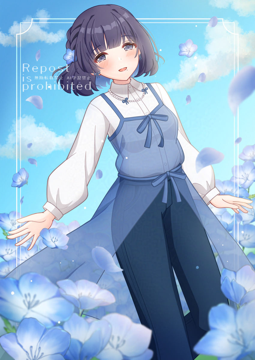 1girl absurdres blue_pants blush braid chaton_(chatoncerisier) commentary_request dress falling_flower field flower flower_field gakuen_idolmaster hair_flower hair_ornament hataya_misuzu highres idolmaster looking_at_viewer mole mole_under_mouth nemophila_(flower) pants pinafore_dress purple_hair see-through_clothes see-through_dress shirt short_hair sleeveless sleeveless_dress smile solo white_shirt