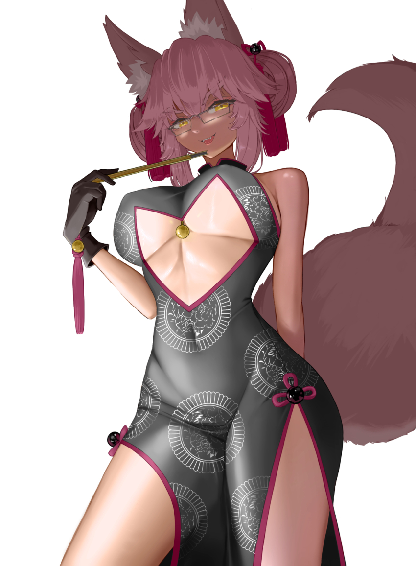 1girl animal_ear_fluff animal_ears bare_shoulders bell black_dress black_gloves breasts center_opening china_dress chinese_clothes clothing_cutout covered_navel double_bun dress fate/grand_order fate_(series) folding_fan fox_ears fox_girl fox_tail glasses gloves grin hair_between_eyes hair_bun hand_fan highres jingle_bell kapi-san koyanskaya_(chinese_lostbelt_outfit)_(fate) koyanskaya_(fate) large_breasts long_hair looking_at_viewer pink_hair side_slit sidelocks sleeveless sleeveless_dress smile solo tail tamamo_(fate) tassel thighs underboob underboob_cutout yellow_eyes