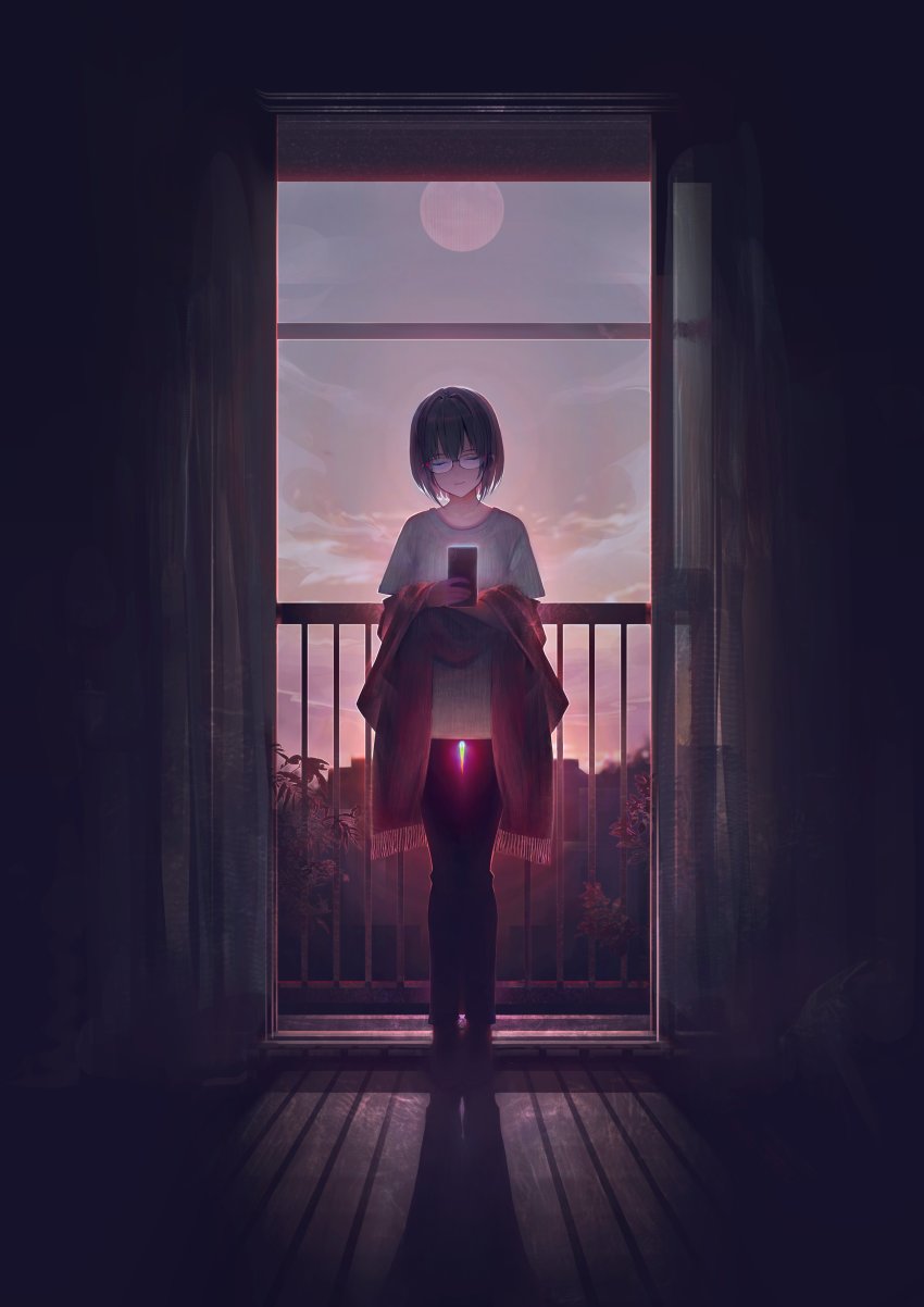 1girl absurdres black_hair cellphone door doorway floor glasses happy_birthday highres holding holding_phone kamikoshi_sorawo moon pants phone railing room scarf shadow shirakaba shirt short_hair sky smartphone solo standing sunlight urasekai_picnic veranda