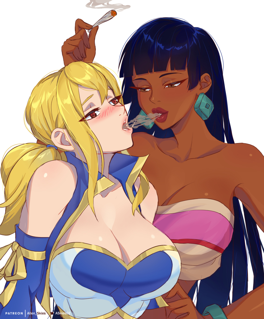 2girls absurdres allen_skies blonde_hair blue_vest blunt_bangs blush bracelet breasts brown_eyes chel_(the_road_to_el_dorado) cleavage commentary commission crossover dark-skinned_female dark_skin detached_sleeves drugs earrings fairy_tail heart heart-shaped_pupils highres holding interracial jewelry joint_(drug) large_breasts long_hair lucy_heartfilia marijuana midriff multiple_girls open_mouth pink_lips red_lips shared_smoke simple_background strapless symbol-shaped_pupils the_road_to_el_dorado tube_top very_long_hair vest yuri