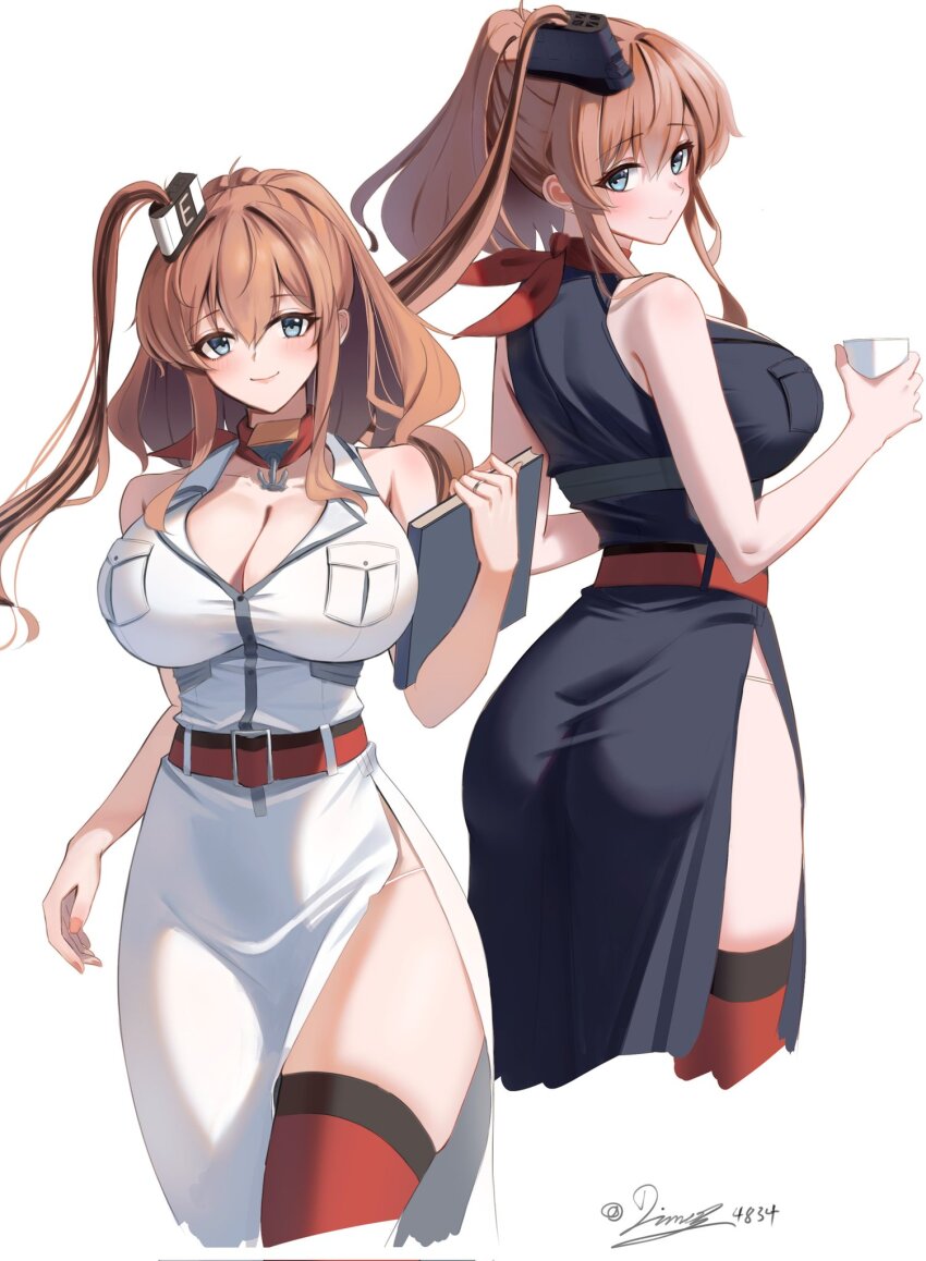 1girl back black_dress blue_eyes blush book breast_pocket breasts brown_hair cup dimos_(dawn_1945) dress dual_persona hair_between_eyes hair_ornament high_side_ponytail highres holding holding_cup kantai_collection large_breasts long_hair looking_at_viewer looking_back neckerchief pocket ponytail red_thighhighs saratoga_(kancolle) saratoga_kai_(kancolle) side_ponytail sidelocks sleeveless sleeveless_dress smile smokestack smokestack_hair_ornament thighhighs twitter_username white_background white_dress