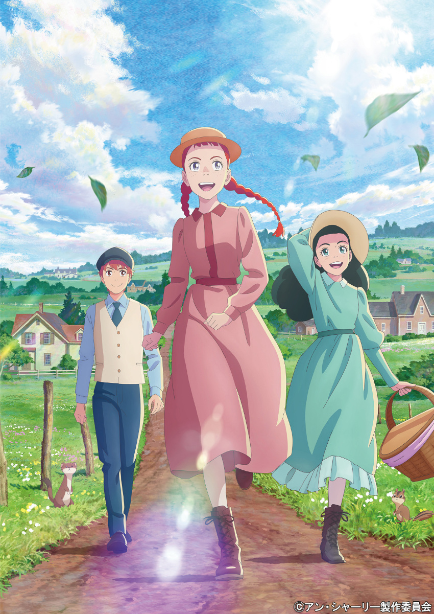 1boy 2girls :d anne_of_green_gables anne_shirley beret black_footwear black_hair black_hat blue_eyes blue_necktie blue_pants blue_shirt blue_sky boots braid brown_footwear brown_hair brown_hat brown_vest building cloud collared_dress copyright_notice day dirt_road dress fence gopher_(animal) grass green_dress grey_eyes hat highres holding holding_picnic_basket house key_visual leaf lens_flare long_sleeves multiple_girls necktie official_alternate_costume official_art open_mouth outdoors pants picnic_basket promotional_art red_dress red_hair road rural shirt sky smile squirrel sun_hat teeth tree twin_braids upper_teeth_only vest village