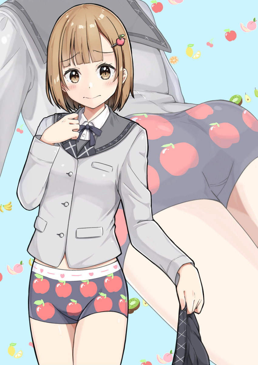 1girl absurdres apple_hair_ornament apple_print ass black_panties blue_background blunt_ends blush boyshort_panties breasts brown_eyes brown_hair buttons closed_mouth collared_shirt commentary_request commission cowboy_shot crotch_seam dress_shirt embarrassed food-themed_hair_ornament food_print fruit_background fruit_print grey_jacket grey_ribbon grey_sailor_collar grey_skirt hair_ornament hand_up highres holding holding_unworn_clothes holding_unworn_skirt jacket large_variant_set long_sleeves looking_at_viewer medium_hair multiple_views neck_ribbon negimiso1989 no_pants original panties pixiv_commission pleated_skirt print_panties raised_inner_eyebrows ribbon sailor_collar school_uniform serafuku shirt skirt small_breasts standing underwear unworn_skirt variant_set white_shirt zoom_layer
