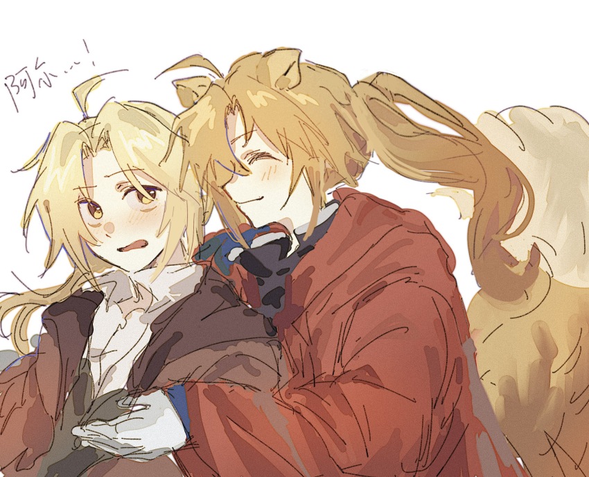 2boys ahoge alphonse_elric animal_ears blonde_hair brothers brown_vest chinese_commentary chinese_text closed_eyes closed_mouth collared_shirt commentary_request dog_ears dog_tail edward_elric film_grain fullmetal_alchemist highres huangdouliuhan hug jacket kemonomimi_mode long_hair male_focus multiple_boys open_clothes open_collar open_jacket open_mouth parted_bangs ponytail red_jacket shirt siblings simple_background sketch smile tail translation_request vest white_background white_shirt yellow_eyes