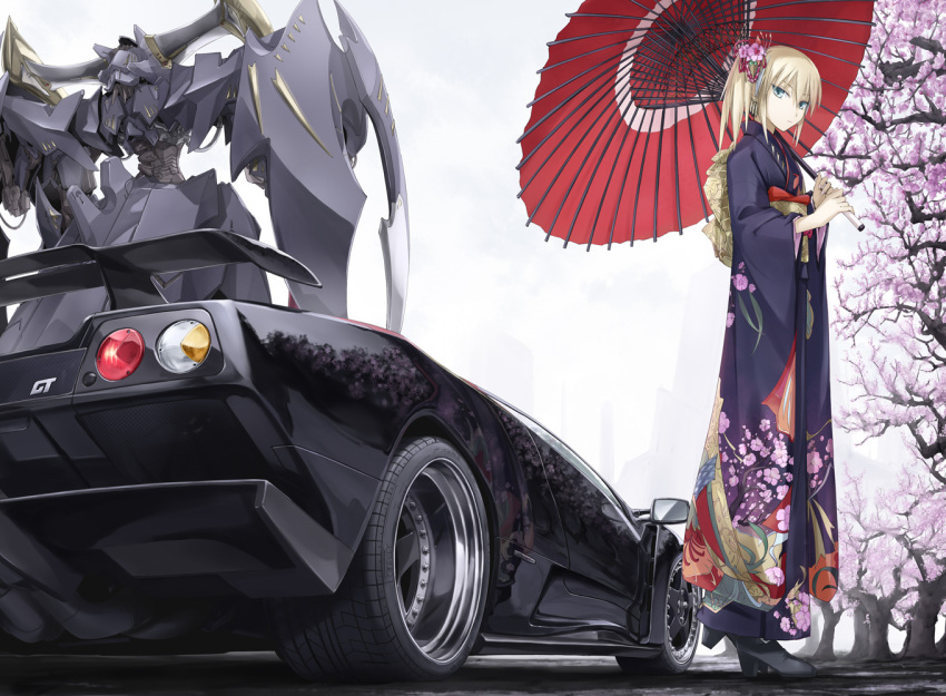 1girl car female_focus five_star_stories japanese_clothes kimono lamborghini lamborghini_diablo mecha motor_vehicle oil-paper_umbrella original robot solo tomo_(machinemess) umbrella vehicle_focus