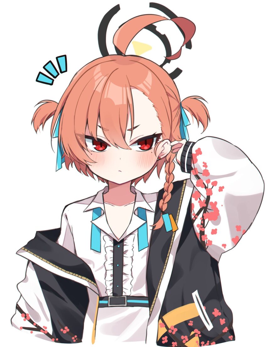 1girl ahoge blue_archive bluhs braid center_frills closed_mouth collarbone collared_shirt frills hair_between_eyes halo highres huge_ahoge jacket long_sleeves mole mole_under_each_eye mole_under_eye multiple_moles murase48 neru_(blue_archive) open_clothes open_jacket orange_hair red_eyes shirt short_hair short_twintails simple_background single_braid solo sukajan twintails upper_body white_background white_shirt