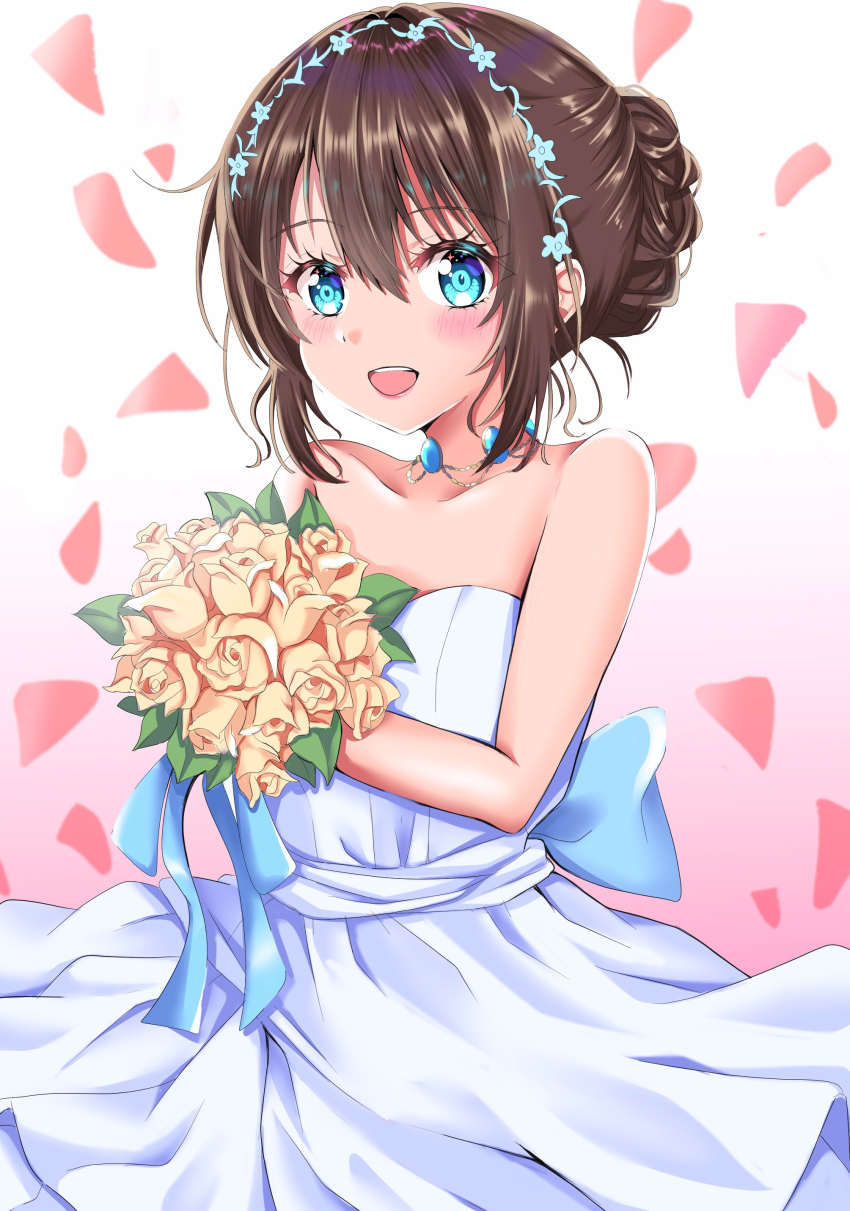 1girl :d absurdres bare_shoulders blue_eyes blush bouquet brown_hair commentary cowboy_shot dress eternalize_love!!_(love_live!) flower gradient_background hair_between_eyes highres holding holding_bouquet looking_at_viewer love_live! love_live!_nijigasaki_high_school_idol_club maymaru open_mouth orange_flower orange_rose osaka_shizuku pink_background rose short_hair sidelocks smile solo strapless strapless_dress tokimeki_no_mirai_chizu wedding_dress white_background white_dress