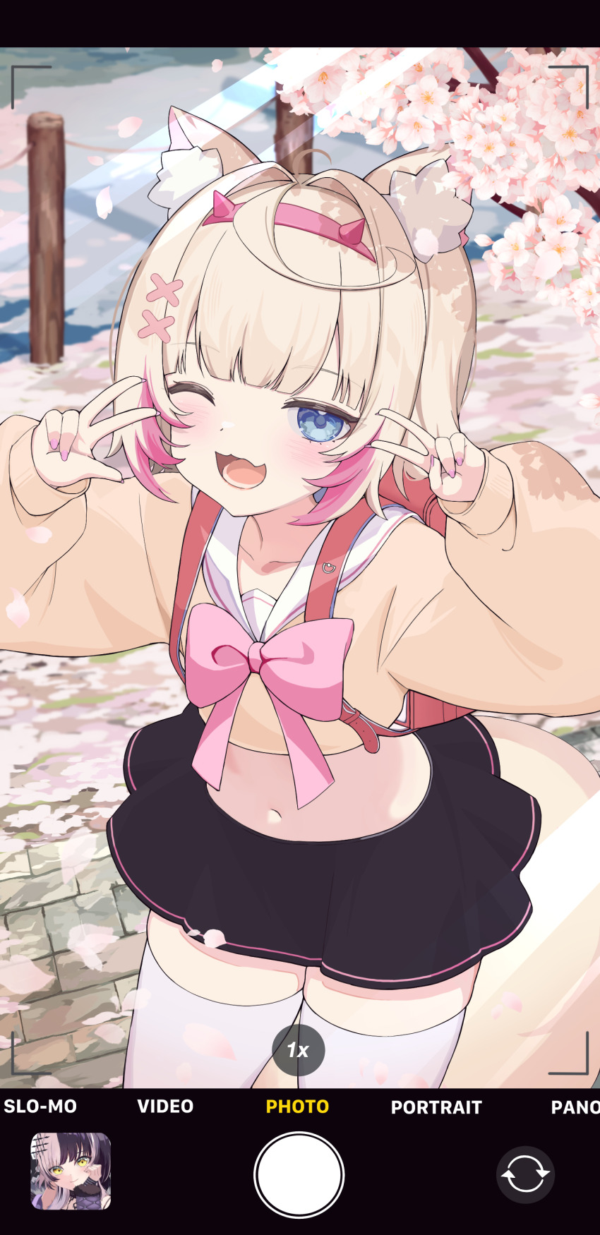 :d absurdres alternate_costume animal_ear_fluff animal_ears backpack bag black_skirt blonde_hair blue_eyes blush bob_cut bow cherry_blossoms cowboy_shot dog_ears dog_girl dog_tail double_v facing_viewer fake_horns fake_phone_screenshot fake_screenshot hair_ornament highres hololive horns looking_at_viewer midriff mococo_abyssgard multicolored_hair navel one_eye_closed open_mouth outdoors petals pink_bow pink_nails randoseru riverbank school_uniform shiori_novella short_hair skirt smile spring_(season) stone_floor streaked_hair tail thighhighs thighs v virtual_youtuber x_hair_ornament yuni_animal_(remyi_3) zettai_ryouiki