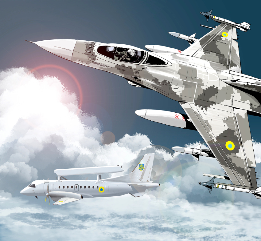 1boy aim-9_sidewinder aircraft airplane awacs blue_sky cloud cloudy_sky commentary english_commentary f-16_fighting_falcon fighter_jet highres matsuda_juukou military_vehicle original roundel russo-ukrainian_war saab_340 sky solo tryzub ukrainian_air_force