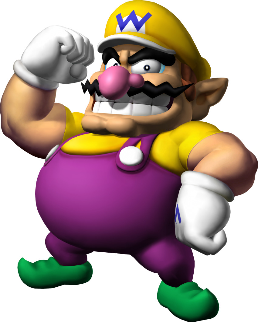 1boy 3d absurdres arm_up blue_eyes brown_hair buttons cabbie_hat clenched_hands clothes_writing facial_hair fat fat_man flexing full_body gloves green_shoes grin hand_on_own_hip happy hat highres looking_at_viewer male_focus mario_(series) mario_party mario_party_7 muscular muscular_male mustache nintendo official_art overalls pointy_ears pointy_footwear purple_overalls shirt shoes short_hair short_sleeves simple_background smile solo standing teeth third-party_source transparent_background wario white_gloves yellow_hat yellow_shirt
