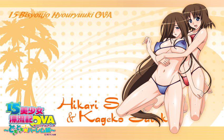 15_bishoujo_hyouryuuki 2girls :d :o barefoot bikini blue_eyes blush breasts brown_hair cameltoe cleavage covered_erect_nipples embarrassed feet highres hug hug_from_behind kneeling kuroda_kazuya large_breasts long_hair micro_bikini multiple_girls navel open_mouth palm_tree satake_hikari satake_kageko shiny_skin short_hair siblings sisters smile sweat swimsuit thighs tree twins underboob very_long_hair