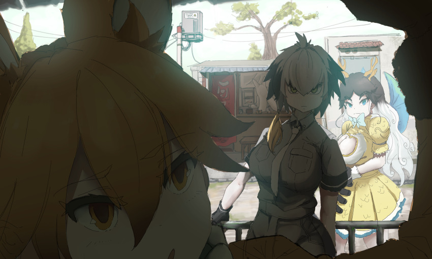 4girls animal_ears black_hair blue_eyes bow bowtie breasts center_opening closed_mouth collared_shirt day dress ezo_red_fox_(kemono_friends) food_stand fox_ears fur-trimmed_sleeves fur_trim gloves green_eyes grey_hair hair_between_eyes highres horns in_shadow jacket k_ton kemono_friends kemono_friends_3 kirin_(kemono_friends) large_breasts light_smile long_hair long_sleeves looking_at_viewer looking_to_the_side multicolored_hair multiple_girls necktie no_bodystocking oinari-sama_(kemono_friends) orange_eyes orange_hair outdoors puffy_short_sleeves puffy_sleeves shirt shoebill_(kemono_friends) short_sleeves shorts side_ponytail very_long_hair white_hair wing_collar wings
