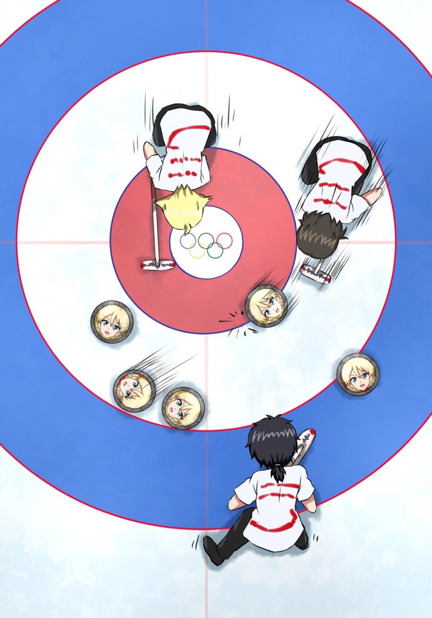 3girls black_hair black_pants blonde_hair blue_eyes brown_hair caesar_(girls_und_panzer) curling curling_broom curling_stone darjeeling_(girls_und_panzer) erwin_(girls_und_panzer) from_above girls_und_panzer highres multiple_girls olympic_rings omachi_(slabco) oryou_(girls_und_panzer) pants ponytail shirt short_ponytail t-shirt white_shirt