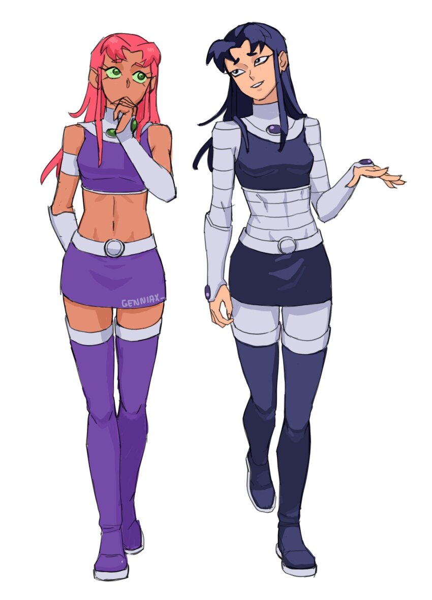 2girls blackfire breasts colored_sclera colored_skin commentary covered_navel dc_comics english_commentary full_body genniax green_eyes green_sclera highres long_hair medium_breasts multiple_girls navel orange_skin purple_eyes purple_hair purple_tank_top red_hair simple_background skirt smile starfire superhero_costume tank_top teen_titans thighhighs white_background