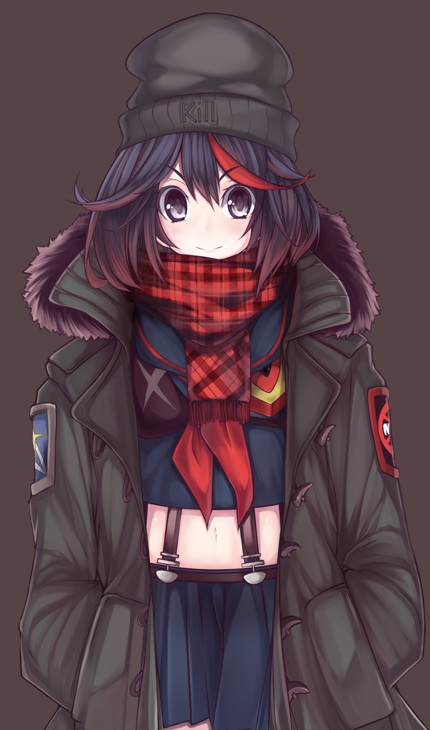 10s 1girl art_is_de4d beanie black_hair coat english_text enpera female_focus hands_in_pockets hat highres kill_la_kill matoi_ryuuko midriff scarf school_uniform senketsu serafuku short_hair skirt smile solo suspenders