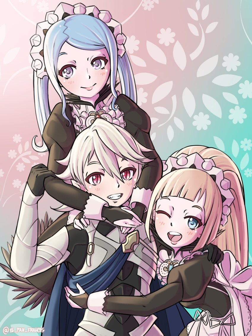 1boy 2girls absurdres blonde_hair blue_eyes blue_hair male_corrin_(fire_emblem) el_pan_frances felicia_(fire_emblem) fire_emblem fire_emblem_fates flora_(fire_emblem) grey_eyes happy highres hug maid maid_headdress multiple_girls nintendo pink_hair ponytail red_eyes smile twintails