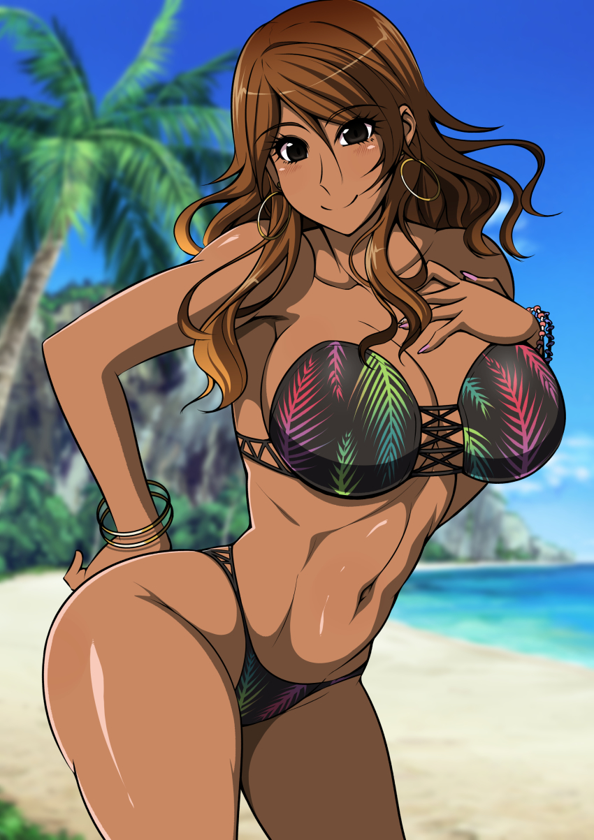 1girl absurdres beach bikini blue_sky bracelet breasts brown_eyes brown_hair cleavage curvy dark-skinned_female dark_skin earrings gyaru hand_on_own_hip hand_on_own_chest highres idolmaster idolmaster_shiny_colors izumi_mei jewelry large_breasts long_hair looking_at_viewer myougi_kuraganosuke navel ocean shiny_skin simple_background sky smile solo swimsuit thong_bikini water