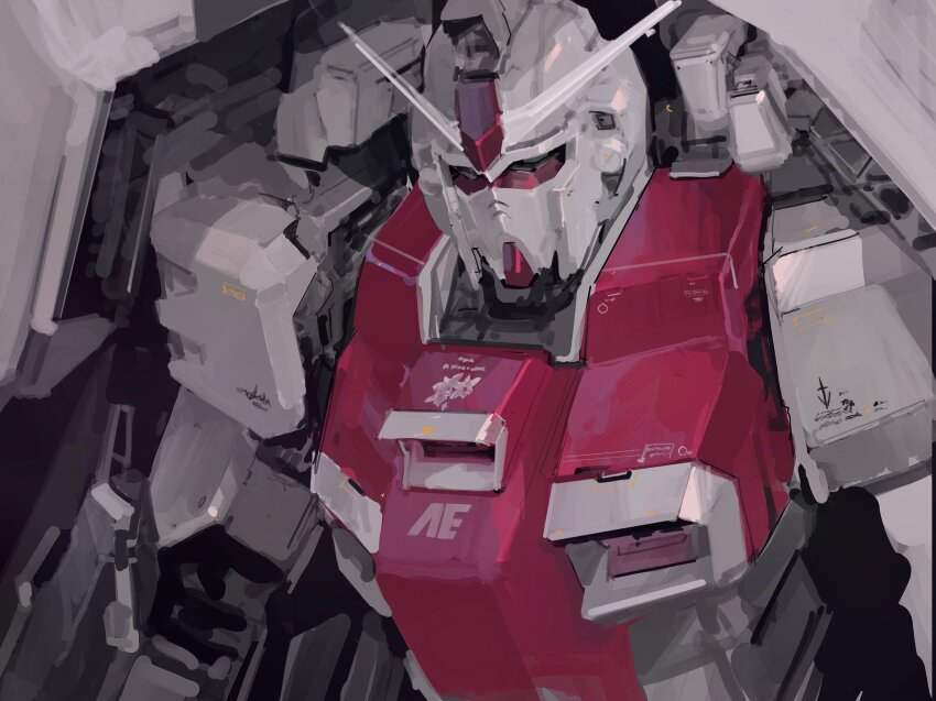 green_eyes gundam highres leaning_forward looking_ahead mecha mecha_request mobile_suit no_humans rintaro_komori robot science_fiction sketch solo v-fin