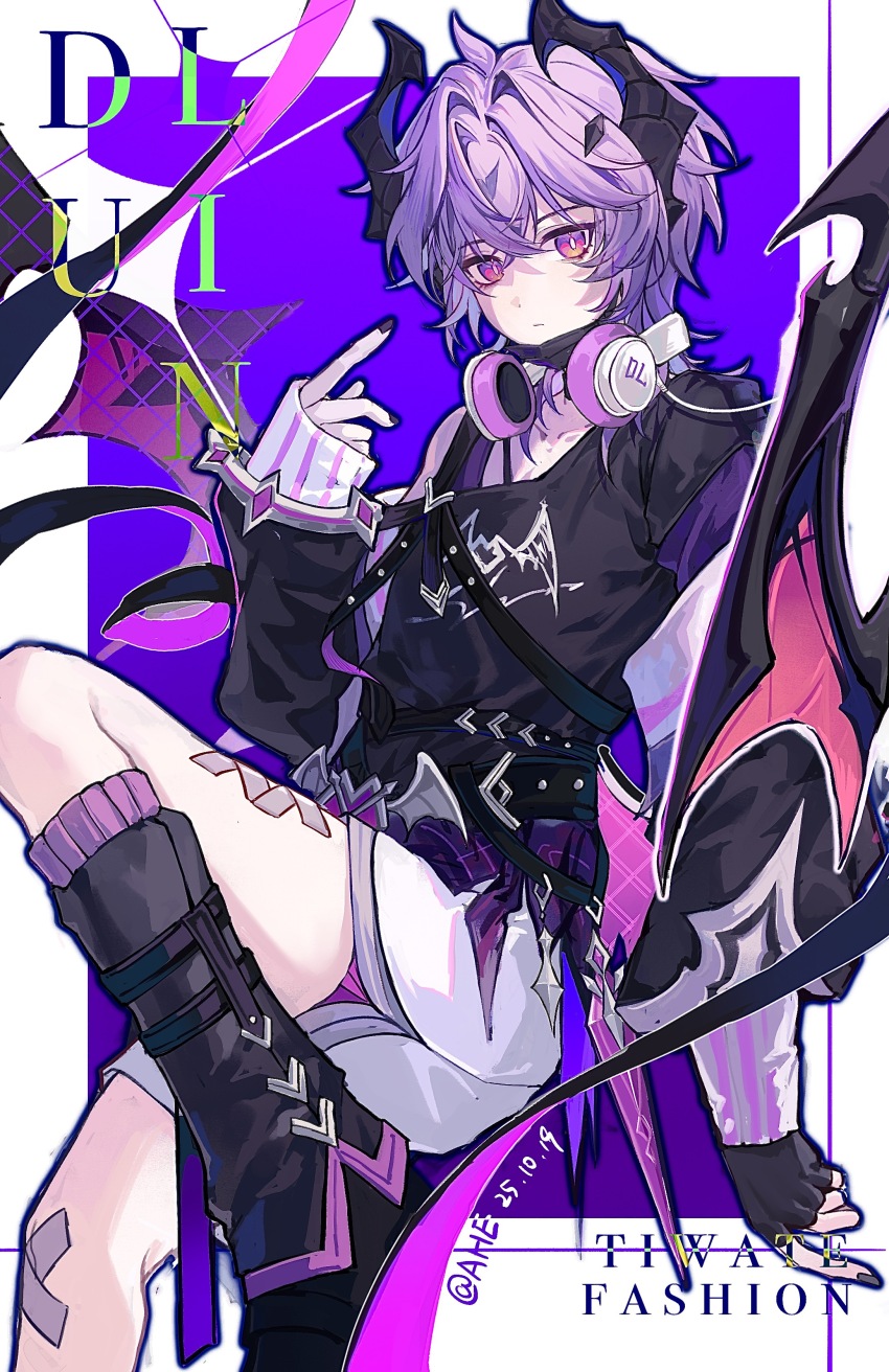 1boy absurdres ahe63011 bandaid bandaid_on_knee bandaid_on_leg black_gloves black_nails black_shirt boots character_name closed_mouth demon_boy demon_horns demon_wings fingerless_gloves genshin_impact gloves hair_between_eyes headphones headphones_around_neck highres horns jacket jewelry leg_warmers long_sleeves looking_at_viewer male_focus mini_durin_(genshin_impact) mini_durin_(human)_(genshin_impact) purple_background purple_eyes purple_hair purple_socks purple_theme purple_wings shirt short_hair shorts sleeves_past_wrists socks solo strap white_shorts wings