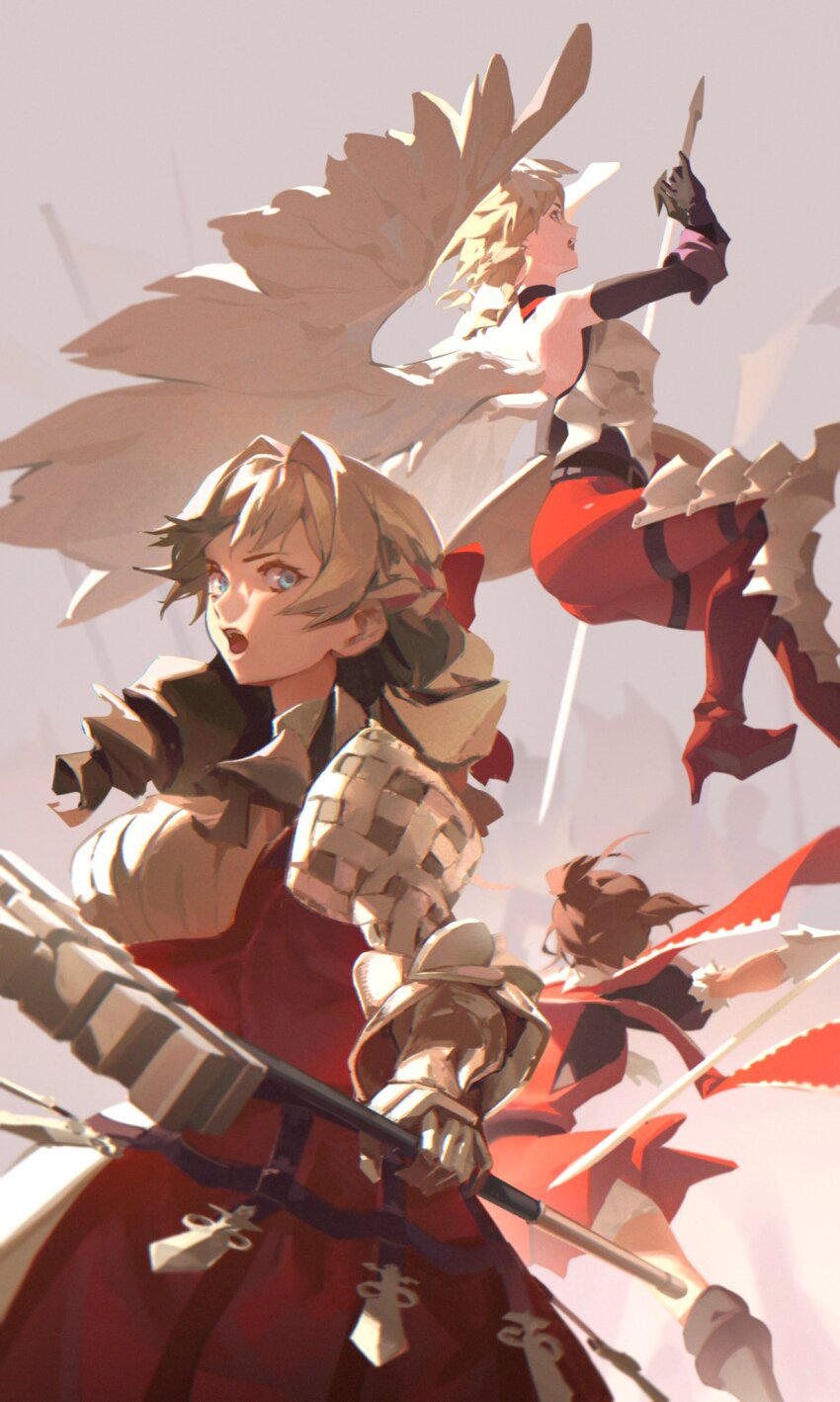 3girls angel_wings blonde_hair blue_eyes brown_hair feathered_wings floating_hair gauntlets green_eyes grey_background head_wings highres holding holding_weapon long_hair melisandre_(unicorn_overlord) multiple_girls ochlys_(unicorn_overlord) open_mouth pants red_pants scarlett_(unicorn_overlord) short_hair simple_background twintails unicorn_overlord weapon white_wings wings zero808w