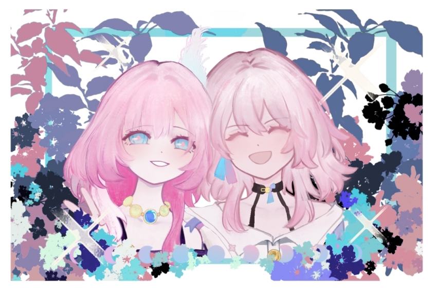 2girls :d ^_^ black_choker blue_eyes bra_strap chinese_commentary choker closed_eyes commentary_request cyrene_(honkai:_star_rail) grin honkai:_star_rail honkai_(series) jewelry looking_at_viewer march_7th_(honkai:_star_rail) multiple_girls necklace open_mouth pink_hair pink_pupils portrait shengliyanshui shirt short_hair smile white_shirt