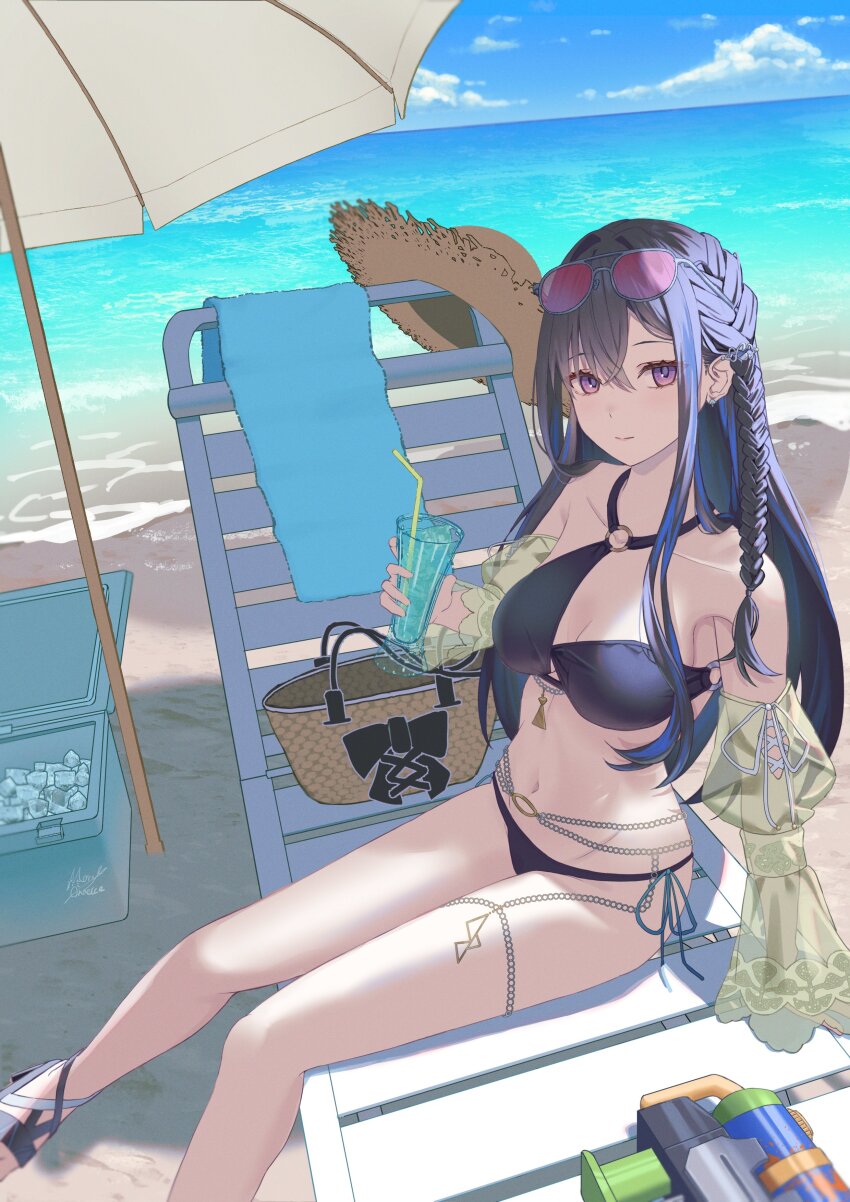1girl absurdres armpits asymmetrical_bikini bag beach_chair beach_umbrella bead_belt belt bikini black_bikini black_hair blue_hair blue_sky braid breasts cleavage clothing_cutout cloud collarbone commentary cooler cross-laced_clothes cross-laced_sleeves crossed_bangs cup drinking_glass drinking_straw english_commentary frilled_sleeves frills green_sleeves hat highres holding holding_cup ice ice_cube ichinose_uruha ichinose_uruha_(vspo!_summer_2024) long_hair long_sidelocks maria_onnette medium_breasts multicolored_hair navel o-ring o-ring_belt o-ring_bikini o-ring_top ocean outdoors purple_eyes see-through_clothes see-through_sleeves side-tie_bikini_bottom sidelocks signature sitting sky solo straw_hat streaked_hair sun_hat swimsuit umbrella virtual_youtuber vspo! water_gun waves