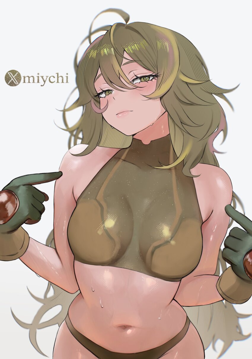 1girl bikini boku_no_hero_academia breasts closed_mouth deku&#039;s_photo_of_hagakure_toru gloves green_bikini green_eyes green_gloves green_hair hagakure_toru highres long_hair looking_at_viewer medium_breasts messy_hair miychi multicolored_hair navel official_alternate_costume pink_hair pink_streaks pointing pointing_at_self simple_background solo sweat swimsuit thick_eyelashes turtleneck_bikini_top unusually_visible white_background