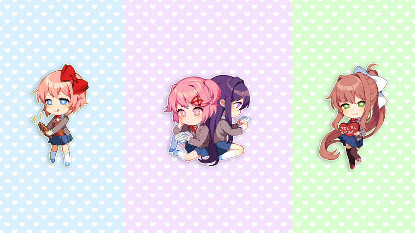 4girls ahoge back-to-back black_thighhighs blazer blue_background blue_eyes blue_shoes blue_skirt blush bow box brown_hair brown_sweater_vest chibi chibi_only chocolate_chip_cookie closed_mouth collared_shirt commentary cookie doki_doki_literature_club doki_doki_literature_club doki_doki_literature_club_school_uniform dot_mouth dot_nose double-parted_bangs dress_shirt elbow_on_knee elbow_rest embarrassed english_commentary eyebrows_hidden_by_hair floating_hair flustered food from_side full_body furrowed_brow game_cg green_background green_eyes grey_jacket guided_hand_on_cheek hair_bow hair_intakes hair_ribbon half-closed_eyes head_on_hand heart heart-shaped_box heart_background high_ponytail highres holding holding_cookie holding_food holding_letter holding_paper jacket knee_up kneehighs legs_apart letter long_eyelashes long_hair long_sidelocks long_sleeves looking_at_food looking_at_viewer looking_down miniskirt monika_(doki_doki_literature_club) multiple_girls natsuki_(doki_doki_literature_club) neck_ribbon non-web_source official_art official_wallpaper open_clothes open_jacket outline paper pink_eyes pink_hair pink_shoes pleated_skirt ponytail profile purple_background purple_eyes purple_hair raised_eyebrows raised_inner_eyebrows reading red_bow ribbon satchely sayori_(doki_doki_literature_club) school_uniform shirt shoes short_hair sidelocks sitting skirt smile socks standing standing_on_one_leg sweater_vest swept_bangs tareme thick_eyelashes thighhighs thighs tongue tongue_out tsurime two_side_up v-neck v-shaped_eyebrows valentine very_long_hair wariza wavy_hair white_bow white_outline white_shirt white_socks yuri_(doki_doki_literature_club)