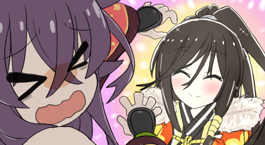 &gt;_&lt; 2girls absurdres akashi_kuniyuki_(tenka_hyakken) atsushi_(aaa-bbb) black_hair blush bocchi_the_rock! cloak closed_eyes closed_mouth commentary fur-trimmed_cloak fur_trim hands_up haori high_ponytail highres japanese_clothes long_hair low-tied_sidelocks mouri_toushirou_(tenka_hyakken) multiple_girls off_shoulder parody ponytail purple_hair raised_eyebrows sidelocks smile sparkle_background tenka_hyakken upper_body wavy_mouth