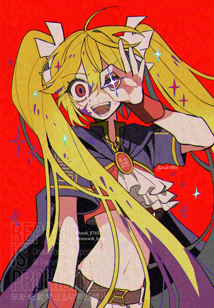1girl adversarial_noise ascot belt blonde_hair blood blood_on_face blue_jacket brooch brown_belt choushujinnkou_(vocaloid) cropped_shirt hand_up hatsune_miku highres jacket jewelry kawasaki_(kwsk_8765) long_hair ok_sign ok_sign_over_eye open_mouth red_background short_sleeves simple_background skirt smile solo sparkle twintails very_long_hair vocaloid white_ascot