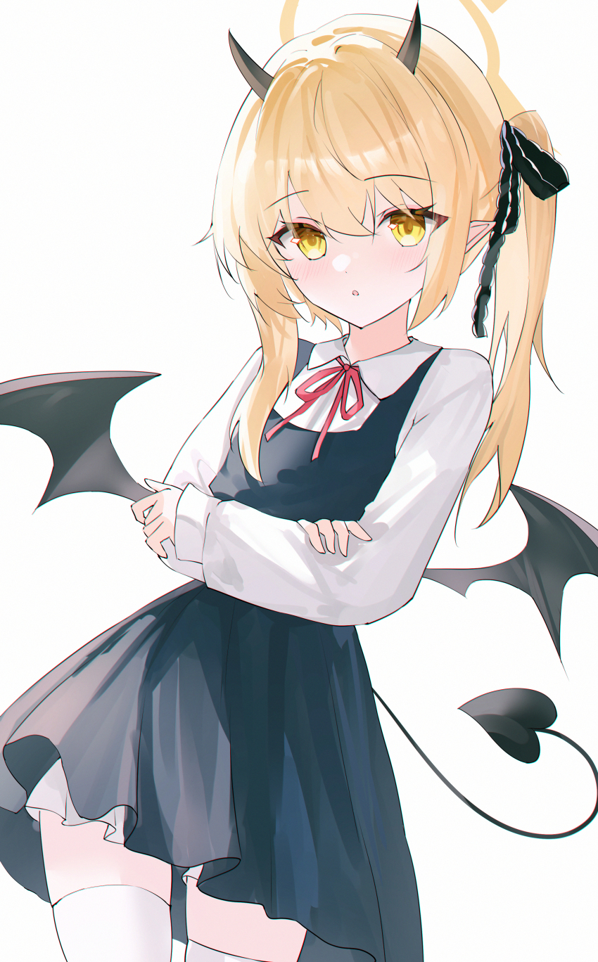 1girl absurdres bat_wings black_dress black_horns black_wings blonde_hair blue_archive collared_shirt commentary crossed_arms demon_horns demon_tail dress highres horns ibuki_(blue_archive) red_ribbon ribbon school_uniform shirt simple_background solo tail thighhighs usagi_(786113654) white_background white_shirt white_thighhighs wings yellow_eyes