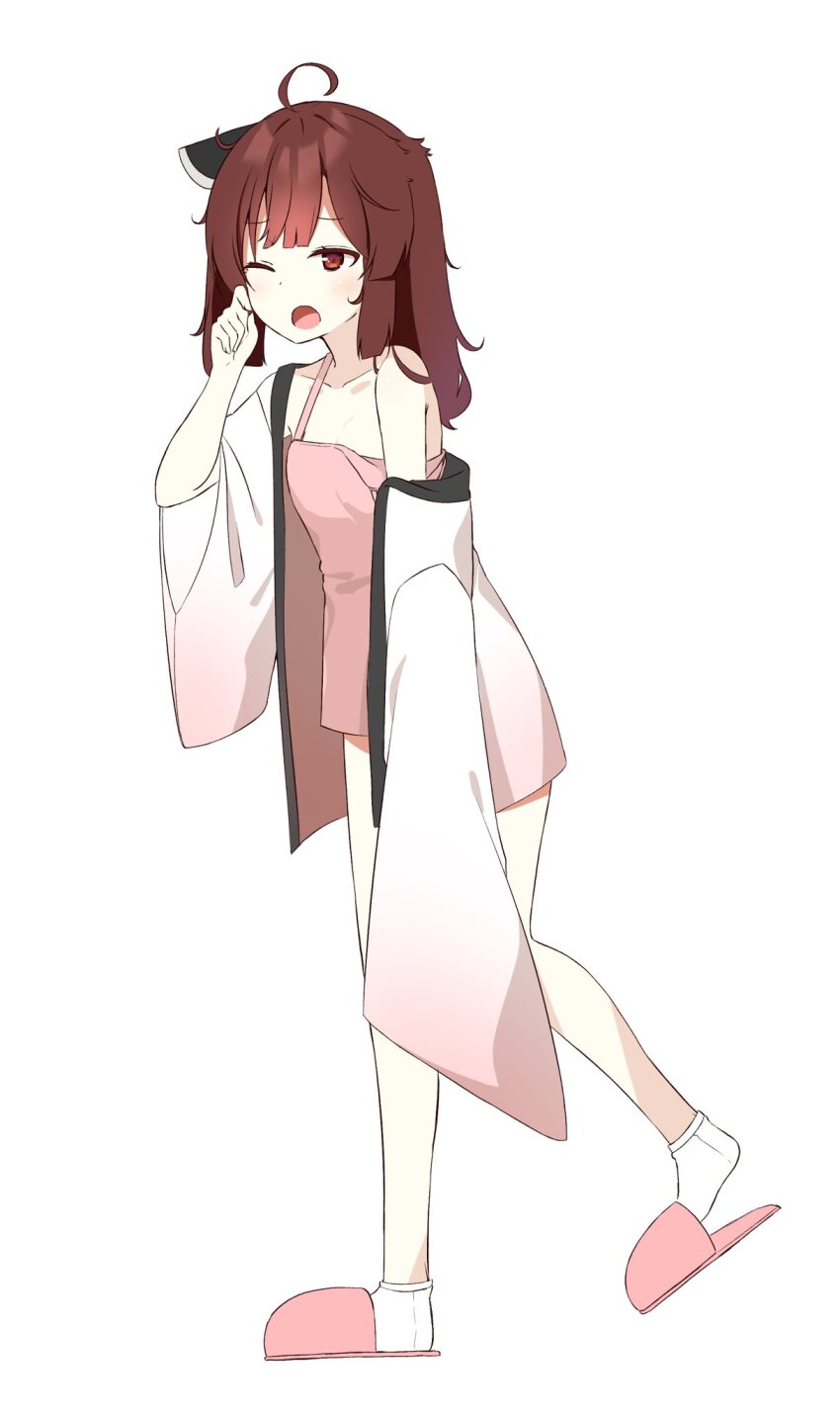 1girl ahoge ankle_socks breasts brown_hair camisole chaakusu commentary_request full_body gradient_clothes gradient_kimono hair_between_eyes hair_down headgear highres japanese_clothes kimono medium_hair messy_hair one_eye_closed open_clothes open_kimono open_mouth pink_camisole pink_slippers red_eyes rubbing_eyes simple_background slippers small_breasts socks solo touhoku_kiritan voiceroid walking white_background white_kimono white_socks wide_sleeves