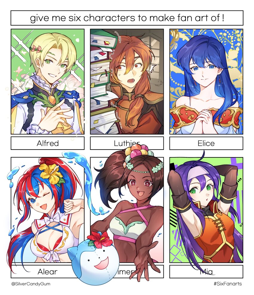 2boys 4girls :d :o ;d absurdres alear_(female)_(fire_emblem) alfred_(fire_emblem) armpits ascot bare_shoulders bikini blonde_hair blue_eyes blue_hair book book_stack breasts brown_hair character_ball character_name cleavage closed_mouth crossed_bangs dark-skinned_female dark_skin dress earrings elice_(fire_emblem) female_alear_(fire_emblem) female_alear_(seaside_dragon)_(fire_emblem) fire_emblem fire_emblem:_mystery_of_the_emblem fire_emblem:_path_of_radiance fire_emblem_echoes:_shadows_of_valentia fire_emblem_engage fire_emblem_heroes green_eyes hair_between_eyes hair_ornament hashtag-only_commentary highres holding holding_book interlocked_fingers jewelry large_breasts long_hair looking_at_viewer luthier_(fire_emblem) medium_breasts mia_(fire_emblem) multicolored_hair multiple_boys multiple_drawing_challenge multiple_girls nintendo off-shoulder_dress off_shoulder official_alternate_costume official_alternate_hairstyle one_eye_closed open_mouth orange_dress orange_eyes orange_hair own_hands_together ponytail purple_hair red_eyes red_hair short_hair silvercandy_gum six_fanarts_challenge smile sommie_(fire_emblem) star-shaped_pupils star_(symbol) sweatdrop swimsuit symbol-shaped_pupils teeth timerra_(fire_emblem) twitter_username two-tone_hair upper_body water white_dress yellow_ascot