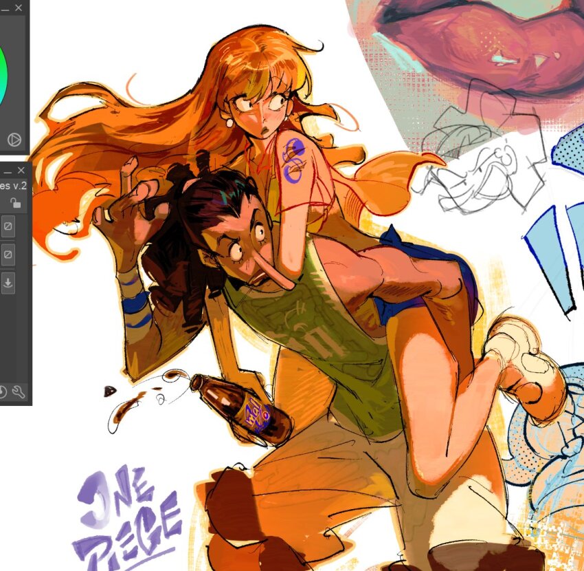 1boy 1girl alexartxvi arm_tattoo art_program_in_frame black_hair blush bottle carrying commentary copyright_name green_shirt holding holding_bottle long_hair long_nose looking_to_the_side nami_(one_piece) one_piece orange_hair piggyback ponytail shirt shoes sleeveless sleeveless_shirt sneakers tattoo usopp