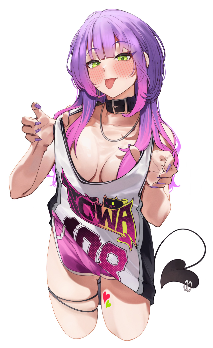 1girl :p absurdres basketball_jersey black_collar blush breasts center-flap_bangs cleavage collar commentary cropped_legs demon_girl demon_tail double-parted_bangs english_commentary gluteal_fold gradient_hair green_eyes highres hololive jewelry long_hair looking_at_viewer medium_breasts mr_thecatman multicolored_hair nail_polish necklace no_bra piercing pink_hair pink_shorts purple_hair purple_nails short_shorts shorts sidelocks simple_background solo tail tail_ornament tail_piercing thigh_strap tokoyami_towa tongue tongue_out virtual_youtuber white_background