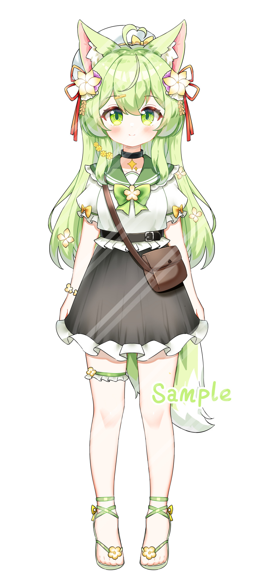 1girl absurdres animal_ear_fluff animal_ears bag belt beret black_belt black_choker black_skirt blush bow bowtie brown_bag choker closed_mouth commission dot_nose flower flower_request fox_ears fox_girl fox_tail frilled_sailor_collar frilled_skirt frills full_body green_bow green_bowtie green_eyes green_sailor_collar hair_flower hair_ornament hair_ribbon hairclip hat highres long_hair looking_at_viewer multicolored_hair original puffy_short_sleeves puffy_sleeves red_ribbon ribbon sailor_collar sample_watermark sandals school_uniform short_sleeves shoulder_bag sidelocks skirt smile solo streaked_hair tachi-e tail thigh_strap tian_yang toes watermark watermark_grid white_hair white_hat yellow_flower