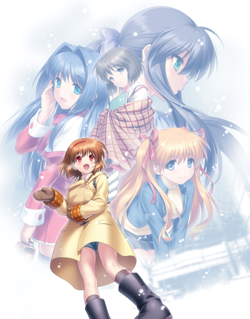 5girls :d absurdres angel_wings backpack bag black_footwear black_hair black_thighhighs blue_eyes blue_hair blue_jacket blue_shorts blush book boots bow brown_coat brown_gloves brown_hair brown_mittens capelet closed_mouth coat cowboy_shot denim denim_jacket denim_shorts dress expressionless eyelashes eyes_visible_through_hair feet_out_of_frame finger_to_mouth floating_hair from_below gloves green_eyes hair_between_eyes hair_bow hair_intakes hair_ribbon hairband hand_up happy highres holding holding_bag holding_book index_finger_raised jacket kawasumi_mai leaning_forward lips little_busters! long_hair long_sleeves looking_afar looking_at_viewer medium_hair minase_nayuki misaka_shiori mittens multiple_girls open_clothes open_jacket open_mouth orange_hair outdoors paper_bag parted_lips ponytail profile purple_bow red_dress red_eyes red_hairband red_ribbon ribbon sawatari_makoto school_uniform shawl shirt short_dress short_hair shorts shushing sidelocks simple_background smile snowing solo_focus straight_hair thighhighs tsukimiya_ayu twintails two_side_up very_long_hair visible_air white_background white_capelet white_wings winged_bag wings yellow_coat yellow_shirt zen_(kamuro) zettai_ryouiki