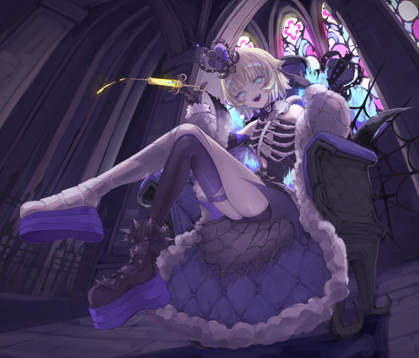 1girl aqua_eyes arms_up bandage_on_leg bandages black_crown black_skirt blonde_hair blue_fire bone_ornament coat commentary_request crown ear_ornament ear_piercing fangs fire full_body fur-trimmed_coat fur_trim gun handgun heart-shaped_ornament heart_crown highres holding holding_syringe indie_utaite looking_at_viewer medium_hair multicolored_hair open_clothes open_mouth osobachan piercing pointing pointing_at_self purple_hair ribs single_thighhigh sitting sitting_on_throne skirt skull_ornament slit_pupils solo spiked_boots syringe teeth thighhighs throne tongue tug_(utaite) upper_teeth_only utaite weapon