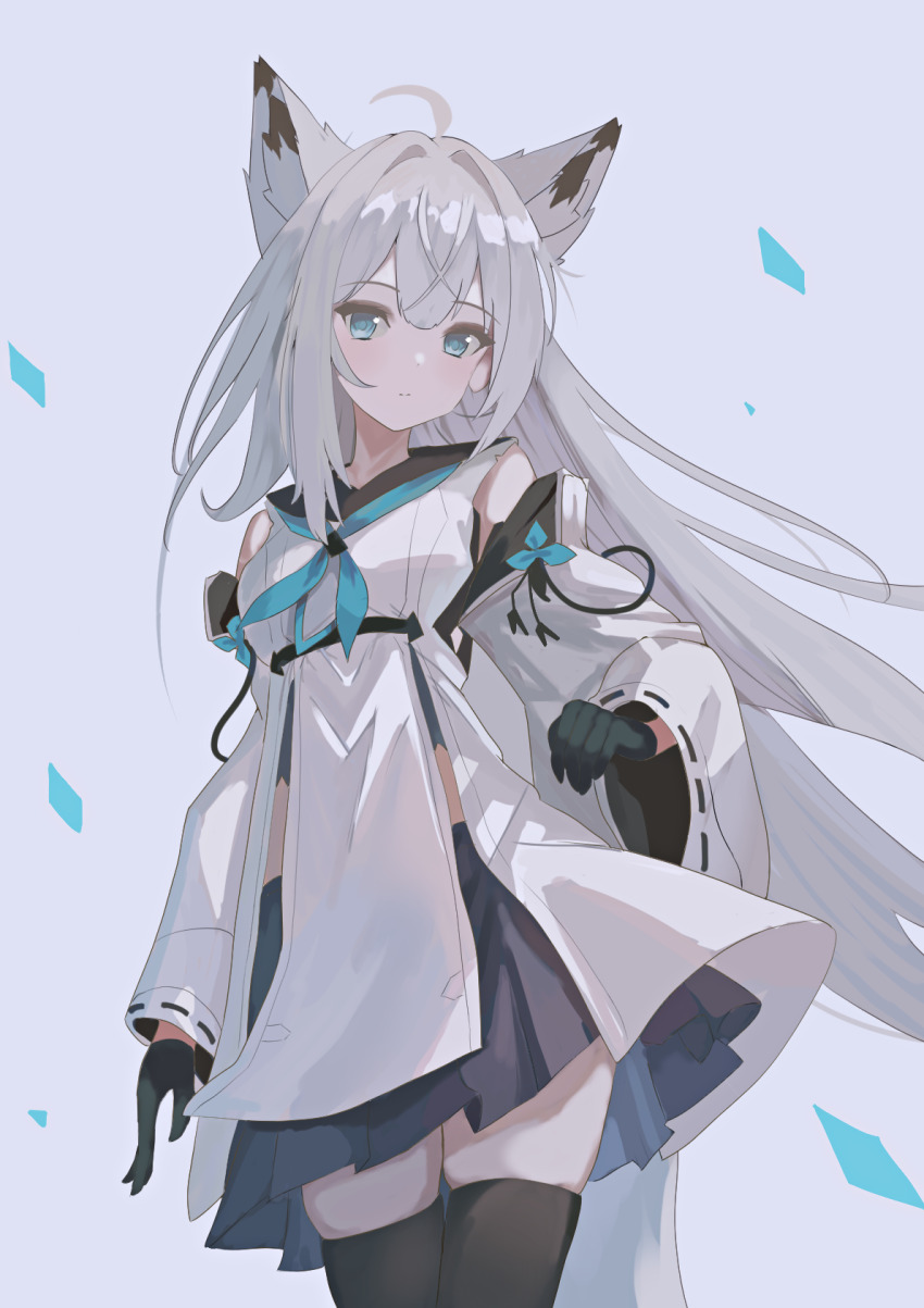 1girl animal_ear_fluff animal_ears azur_lane bare_shoulders black_gloves black_skirt black_trim blue_eyes blue_ribbon breasts commentary_request cowboy_shot detached_sleeves dress fox_ears fox_girl fox_tail gloves hair_between_eyes highres kawakaze_(azur_lane) long_hair looking_at_viewer natsuki_(natsu_1936) pleated_skirt ribbon ribbon-trimmed_sleeves ribbon_trim sailor_collar simple_background skirt small_breasts solo tail thighhighs white_background white_dress white_hair wide_sleeves zettai_ryouiki