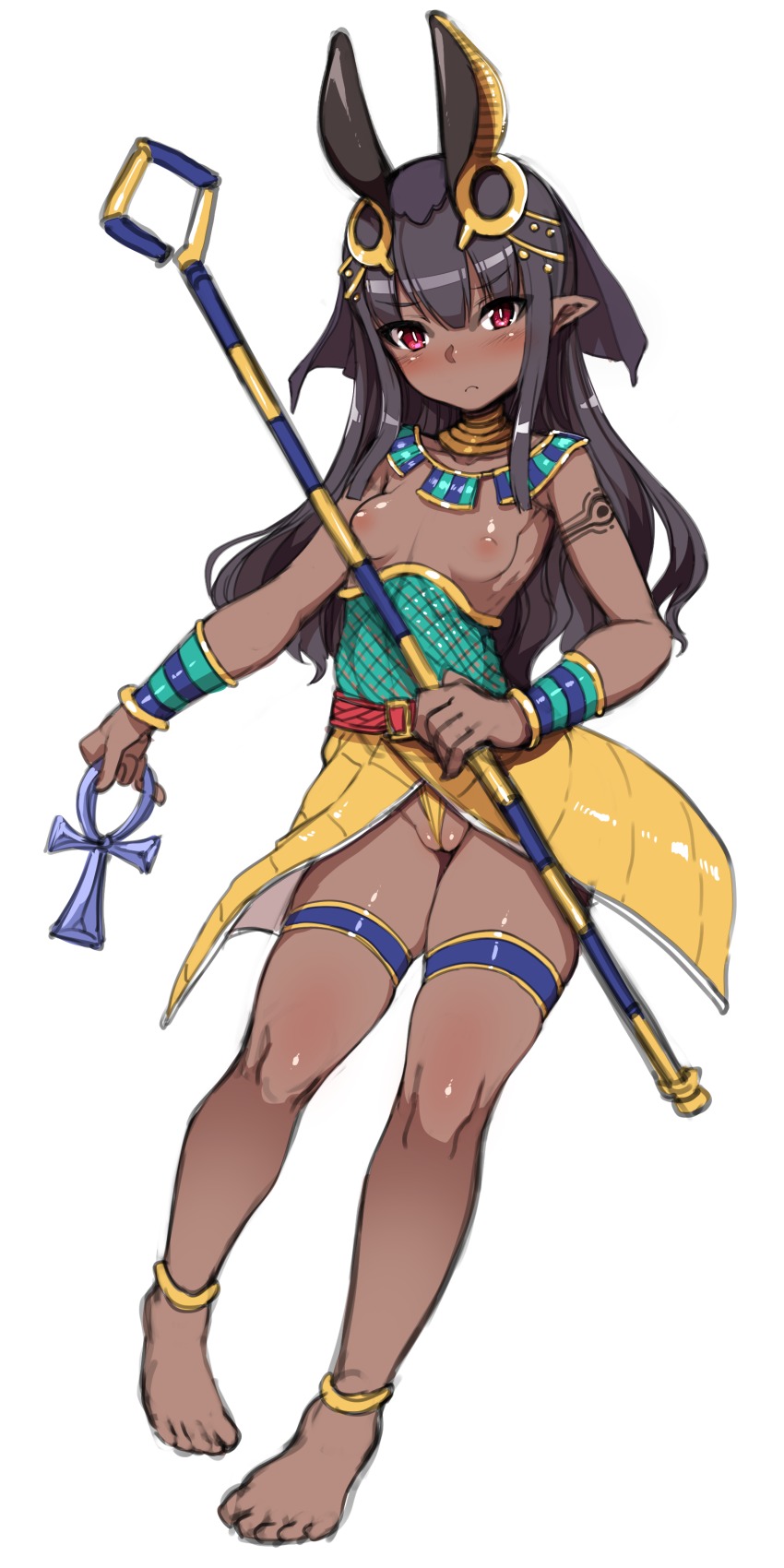 1girl :c absurdres ancient_egyptian ancient_egyptian_clothes animal_ears ankh anklet arm_tattoo barefoot belt belt_buckle black_hair blush bracer breasts buckle cameltoe cleft_of_venus closed_mouth collarbone commentary_request dark-skinned_female dark_skin female_focus full_body gold_trim hair_between_eyes harem_outfit harigane_shinshi high-waist_skirt highres holding holding_scepter jackal_ears jewelry long_hair looking_at_viewer neck_ring necklace nipples nose_blush original panties pointy_ears pussy red_belt red_eyes scepter shiny_clothes shiny_skin sidelocks simple_background skindentation skirt slit_pupils small_breasts solo standing tattoo thighlet uncensored underwear veil wedgie white_background yellow_panties