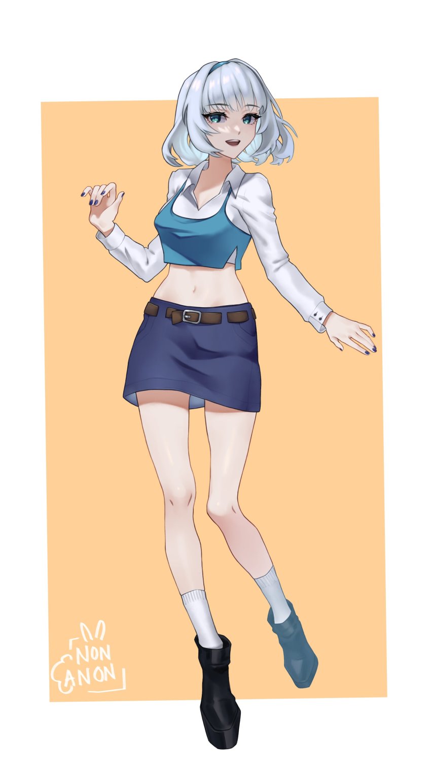 1girl absurdres alternate_costume anon_non_(artist) artist_name belt black_boots blue_eyes blue_skirt boots border breasts brown_belt collared_shirt commentary cropped_shirt english_commentary full_body gift_art grey_hair highres kamishiro_rita looking_at_viewer medium_breasts midriff navel open_mouth orange_background platform_boots platform_footwear prism_project shirt short_hair skirt smile socks solo virtual_youtuber white_border white_shirt white_socks