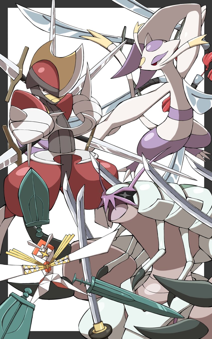 +_+ bisharp black_eyes closed_mouth commentary_request frown gen_5_pokemon gen_7_pokemon golisopod highres kartana katana looking_at_viewer mienshao nintendo no_humans open_mouth pokemon pokemon_(creature) red_eyes shabana_may sword tongue ultra_beast weapon