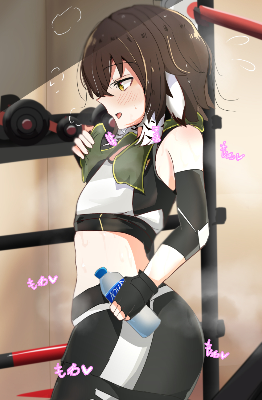 1girl absurdres ahoge akabeko123 arknights bare_shoulders bird_girl black_gloves blush bottle brown_hair commission compression_sleeve dumbbell feather_hair fingerless_gloves flat_chest gloves highres holding holding_bottle leggings midriff official_alternate_costume open_mouth pixiv_commission plume_(arknights) plume_(easy_time)_(arknights) short_hair smile solo sports_bra towel towel_around_neck water_bottle white_sports_bra yellow_eyes