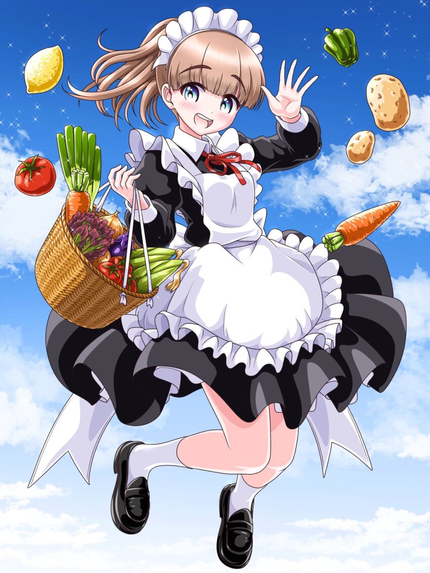 1girl apron basket bell_pepper black_dress black_shoes blonde_hair blue_eyes carrot cloud cloudy_sky corn dress food frilled_apron frilled_headwear frills fruit full_body hairband high_ponytail highres holding holding_basket jumping lemon loafers long_hair looking_at_viewer maid maid_apron maid_headdress neck_ribbon original petticoat ponytail potato red_ribbon ribbon shoes sky socks solo spring_onion tomato tuzuwara white_apron white_hairband white_socks