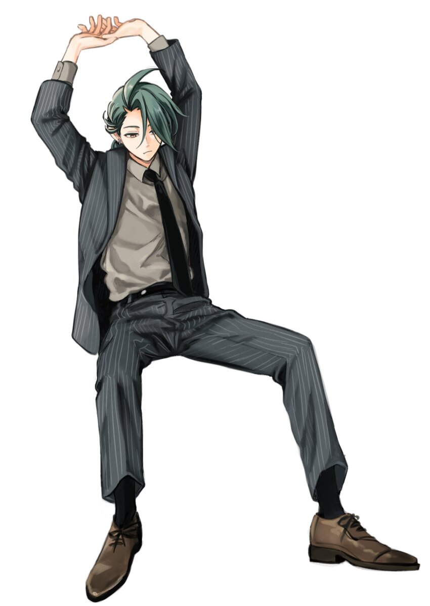 1girl alternate_costume androgynous arms_up belt black_jacket black_necktie black_pants black_suit brown_shoes creatures_(company) ear_piercing expressionless formal_clothes full_body game_freak green_hair grey_shirt highres invisible_chair jacket legs_apart necktie nikomako-riff nintendo own_hands_together pants piercing pokemon pokemon_sv red_eyes reverse_trap rika_(pokemon) shirt shoes simple_background sitting solo striped_clothes striped_jacket striped_pants striped_suit suit swept_bangs white_background