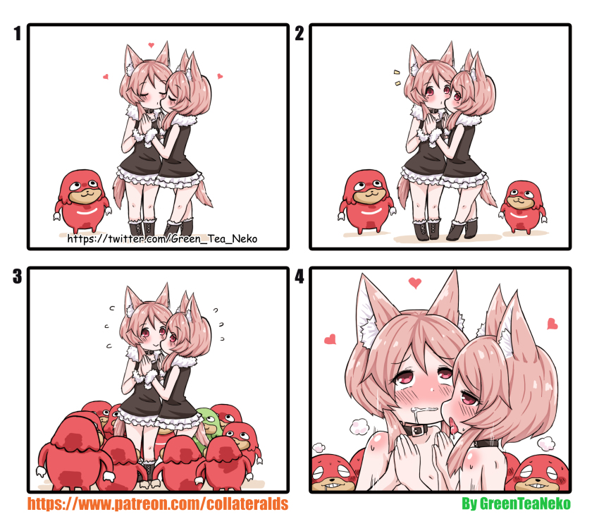 2girls 4koma absurdres animal_ears artist_name bad_id bad_pixiv_id black_collar black_dress black_footwear blush blush_stickers boots brown_hair clenched_teeth closed_eyes closed_mouth collar comic commentary_request dog_ears dog_girl dog_tail dress drooling flying_sweatdrops frilled_dress frills fur-trimmed_boots fur-trimmed_dress fur_trim greenteaneko heart highres holding_hands imminent_kiss meme multiple_girls nude original ouka_miko palms_together red_eyes saliva sleeveless sleeveless_dress sonic_(series) square_4koma standing sweat tail teeth tongue tongue_out ugandan_knuckles vrchat watermark web_address white_background yuri